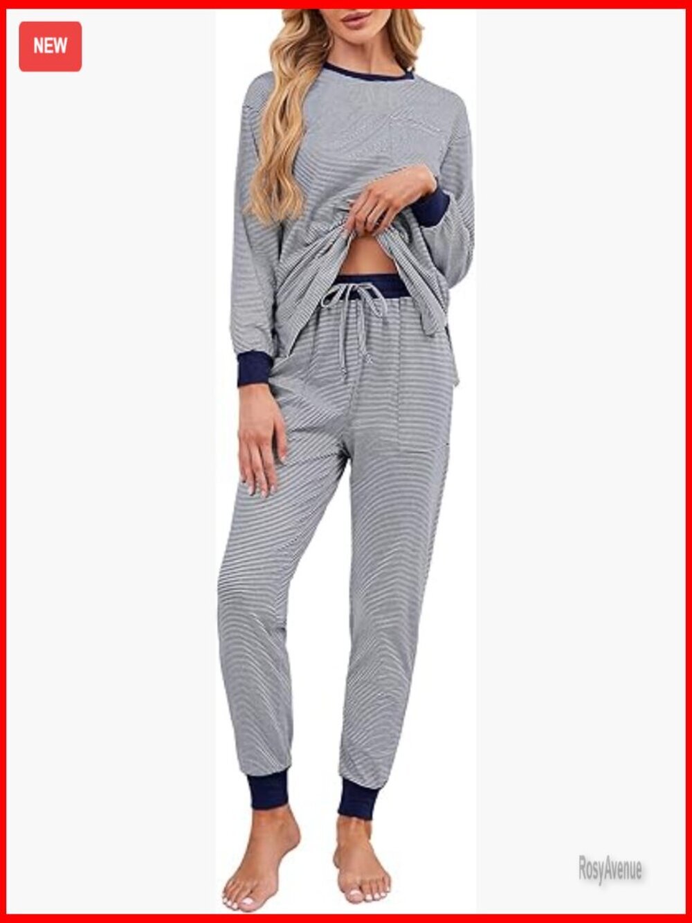 Soft Cotton Pajama Set Long Sleeve Striped Lounge Set Jogger Pants with Pockets